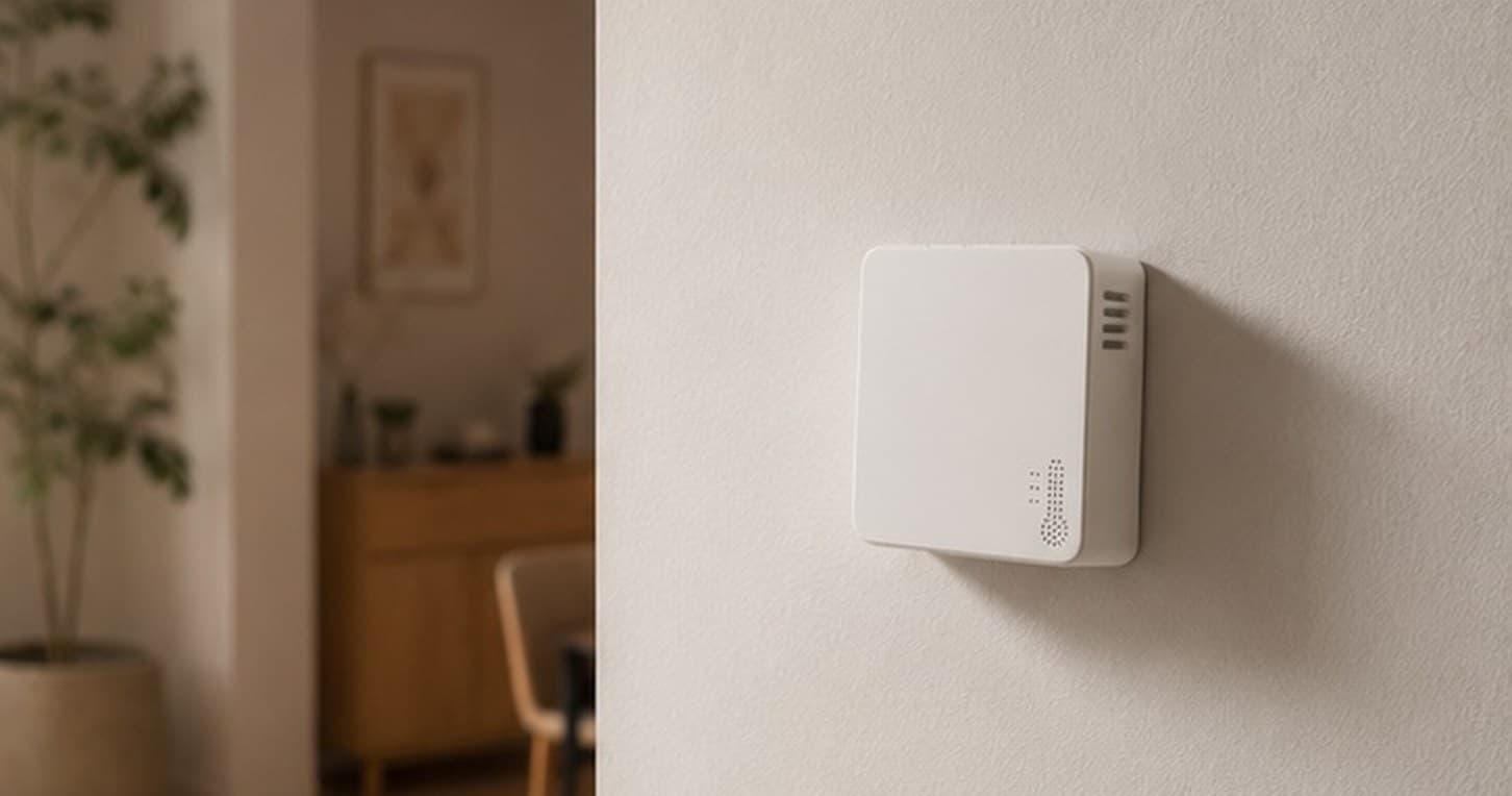 Nordic Propeyes LoRaWAN-sensor för inomhusklimat monterad på en vägg i en fastighet